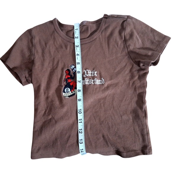 John Galt Brandy Melville Brown Little Switzerland Devil 8-Ball Baby Tee - Picture 3 of 8